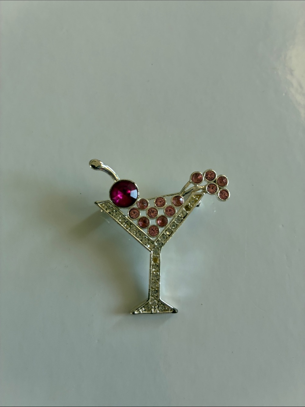 Silver Tone Pink Rhinestone Martini Brooch Pin with Pink Crystal Pave Accents